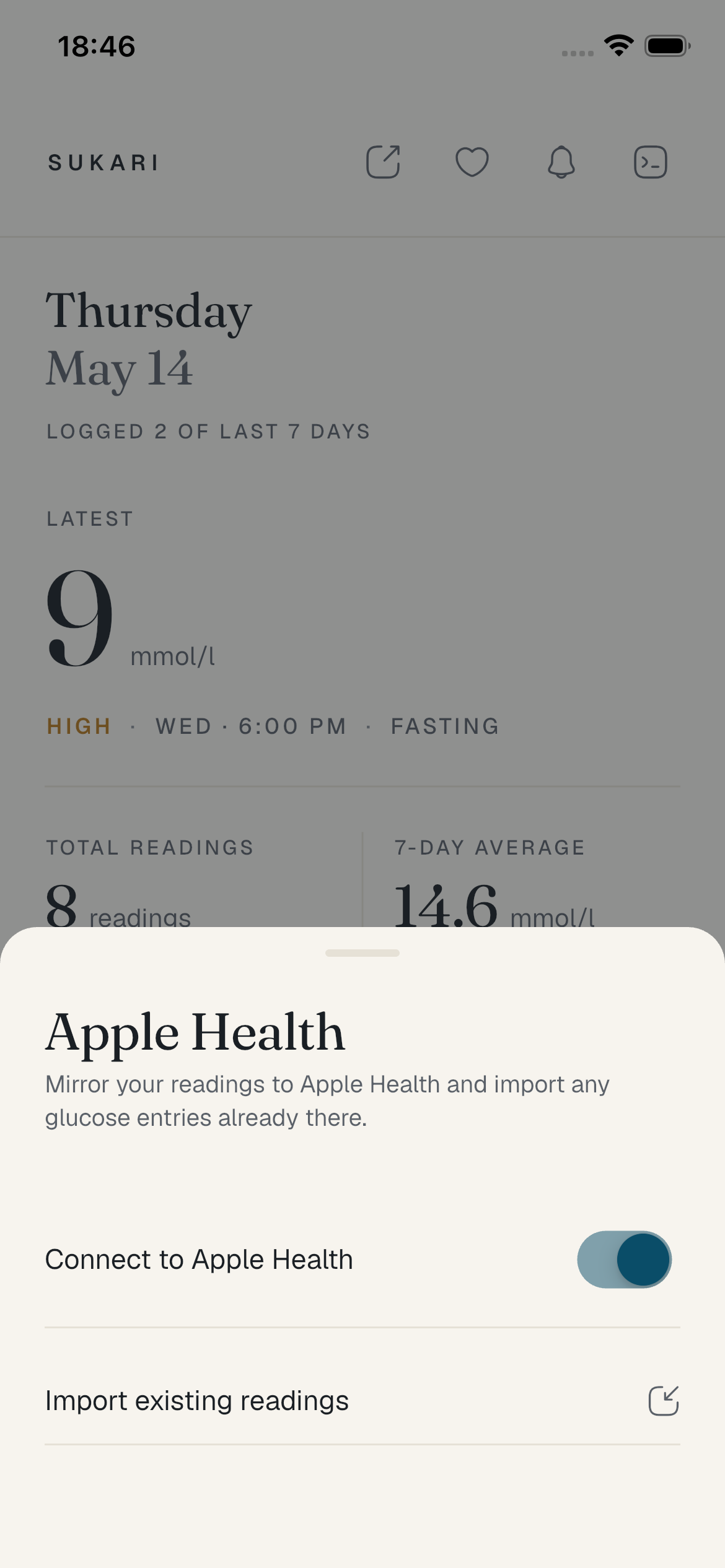 Sukari's Apple Health settings sheet — connect toggle, import button.