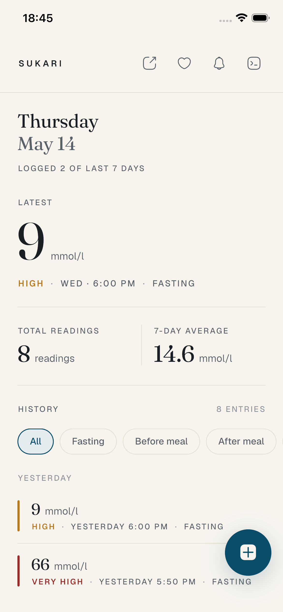 The Sukari home screen, showing the latest blood glucose reading in a large editorial serif.
