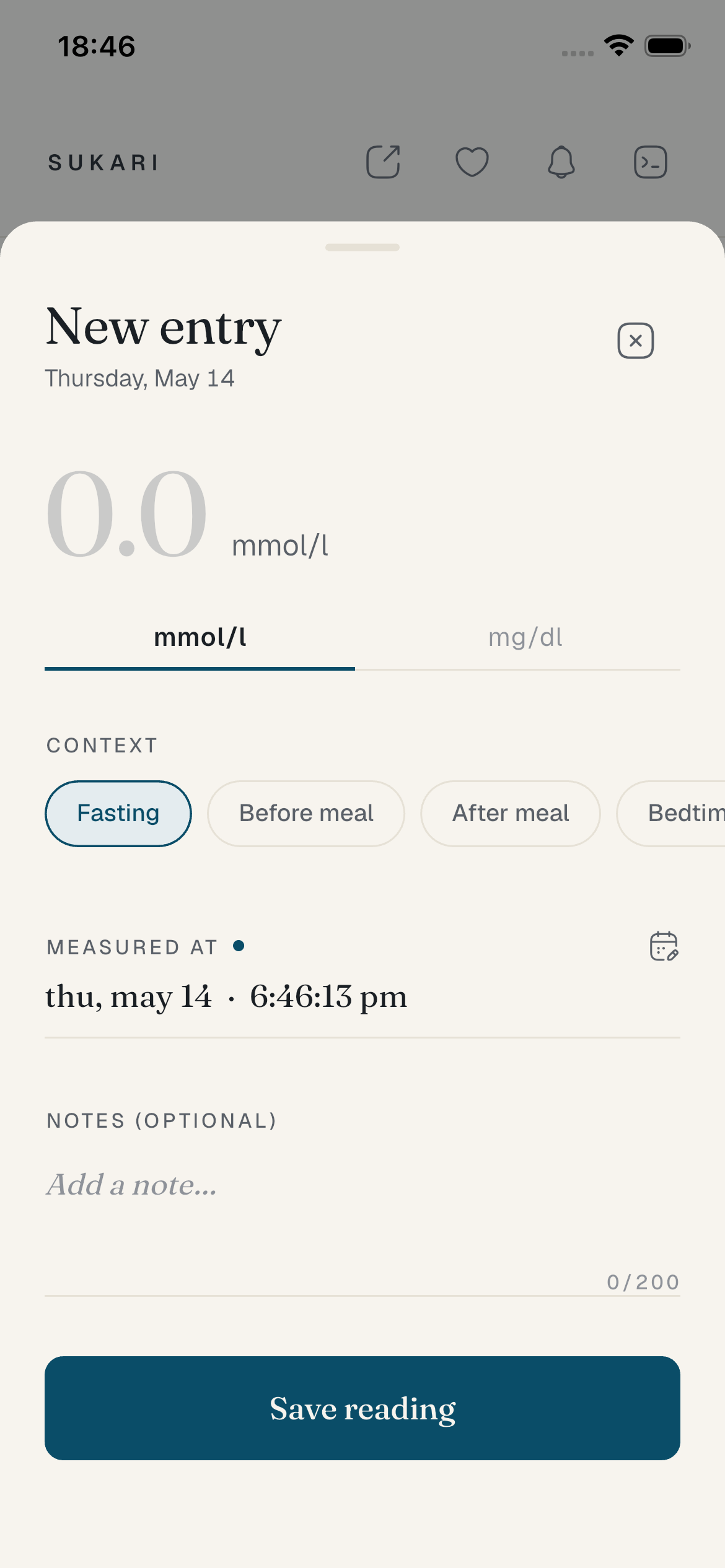 Sukari's add-reading sheet — large value input, context chips, save button.