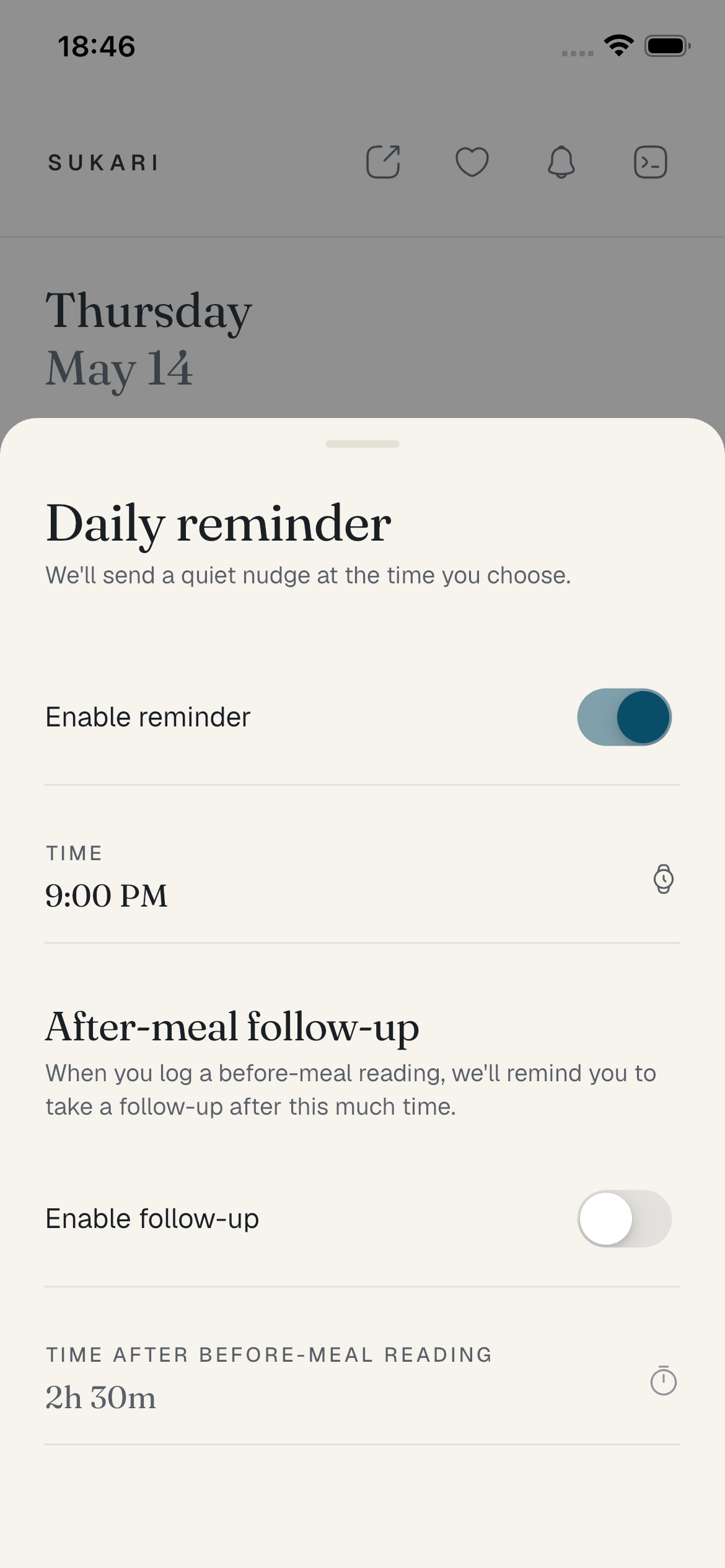 Sukari reminders settings — toggle, time picker, follow-up section.